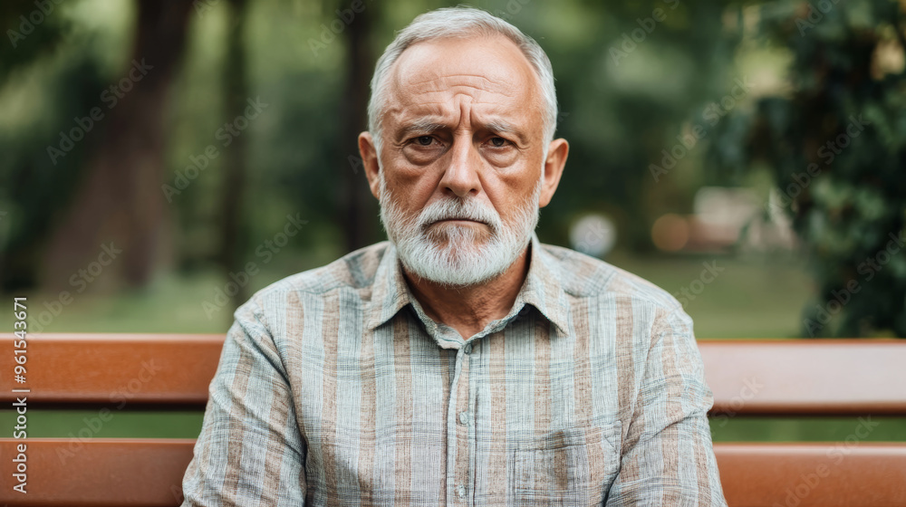 Older man with a blank expression and sagging cheeks sitting on a park bench looking down at the ground Older man with a blank expression and sagging cheeks sitting on a park bench looking down at the ground