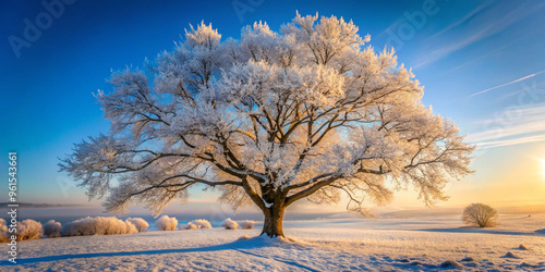 Frost covering the branches of a tree in the early morning, cold weather, winter beauty photo