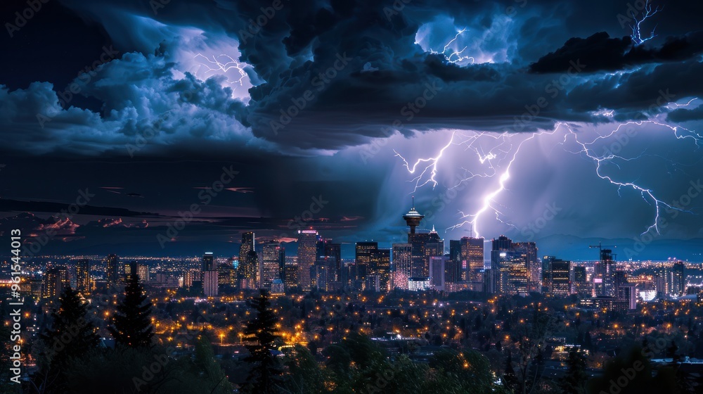 Sudden lightning illuminating the skyline, sparking like a dazzling fireworks display Sudden lightning illuminating the skyline, sparking like a dazzling fireworks display