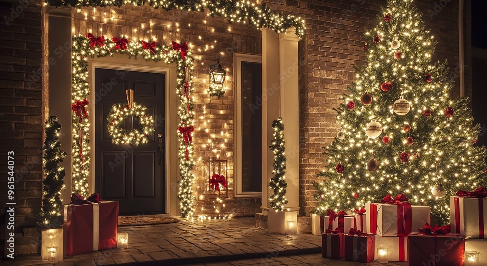 © DenisMArt - Christmas outdoor decoration with lighting illumination with tree and gift boxes on large house.Macro.AI Generative. © DenisMArt - Christmas outdoor decoration with lighting illumination with tree and gift boxes on large house.Macro.AI Generative.