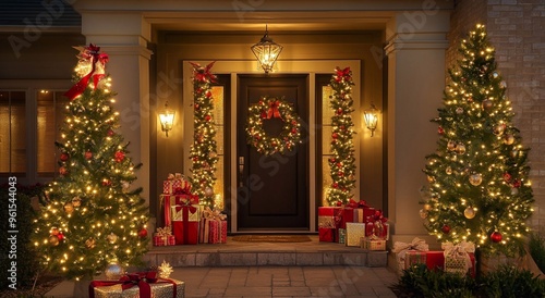 Wallpaper Mural Christmas outdoor decoration with lighting illumination with tree and gift boxes on large house.Macro.AI Generative. Torontodigital.ca