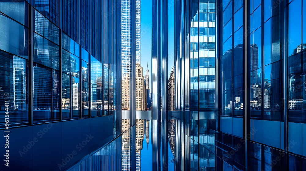 Modern building with reflective glass capturing mirrored skyscrapers, creating a futuristic and sleek urban environment Modern building with reflective glass capturing mirrored skyscrapers, creating a futuristic and sleek urban environment