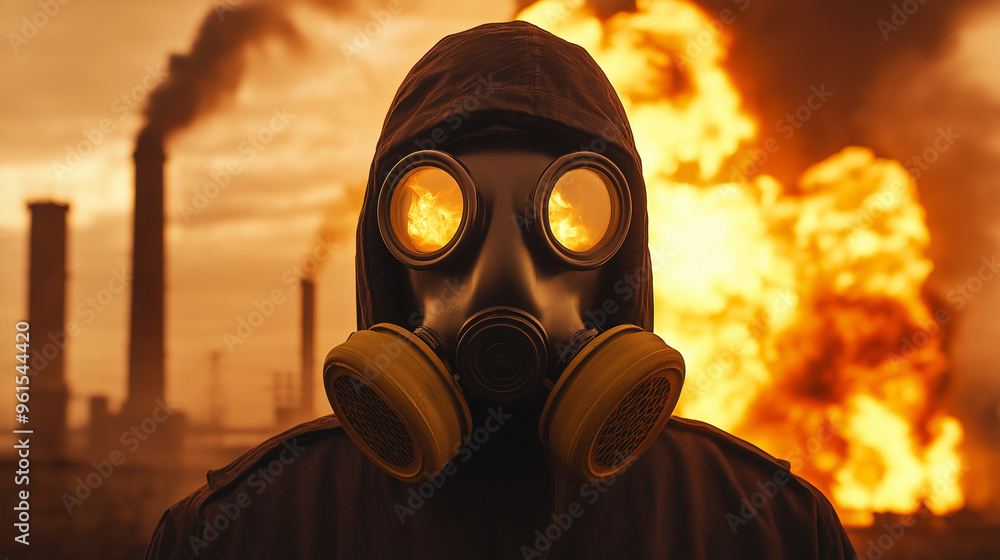 Person wearing a gas mask staring at a factory explosion, bright flames and thick smoke rising Person wearing a gas mask staring at a factory explosion, bright flames and thick smoke rising