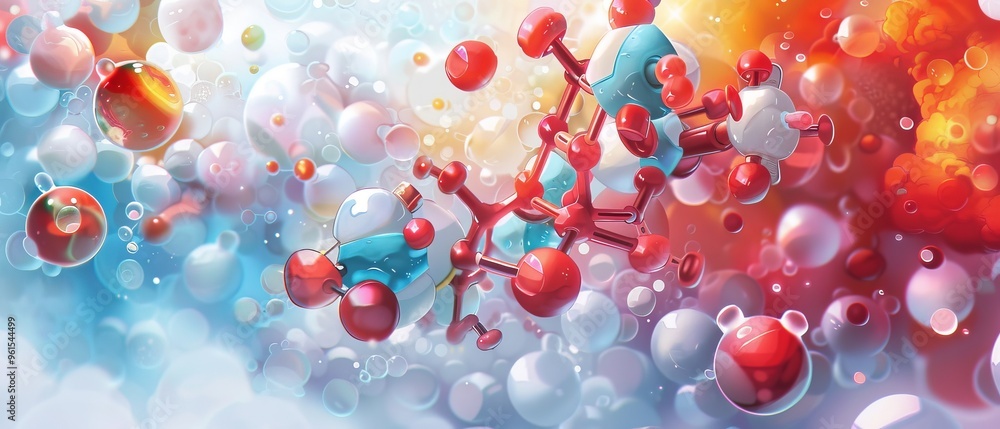 Red and blue objects hover above a blue-and-white backdrop, surrounded by bubbles and droplets of water Red and blue objects hover above a blue-and-white backdrop, surrounded by bubbles and droplets of water