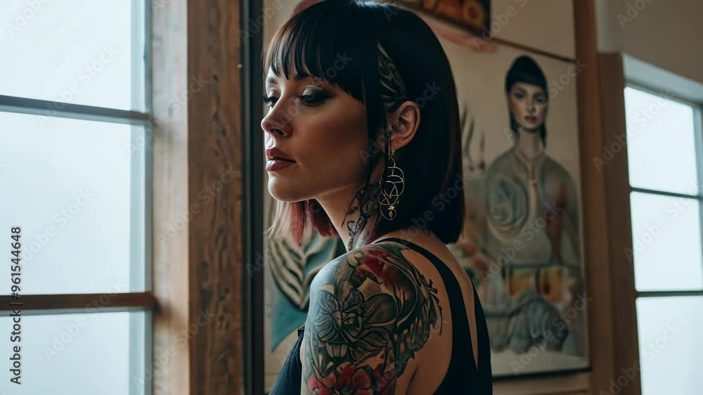 Tattooed Woman in Art Studio with Detailed Body Art Tattooed Woman in Art Studio with Detailed Body Art