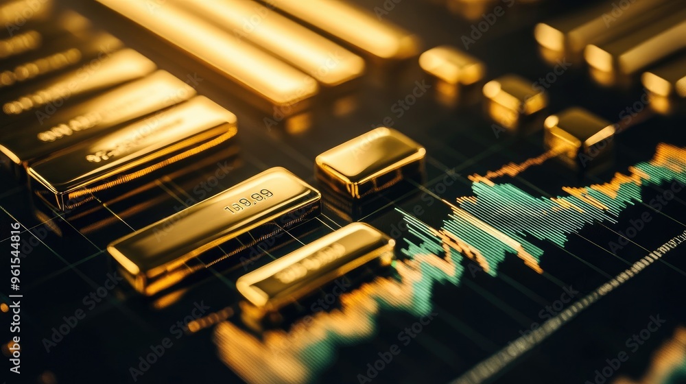 Close-up of a financial chart tracking gold prices, with bars in gold and green, indicating market trends and investment opportunities. Close-up of a financial chart tracking gold prices, with bars in gold and green, indicating market trends and investment opportunities.