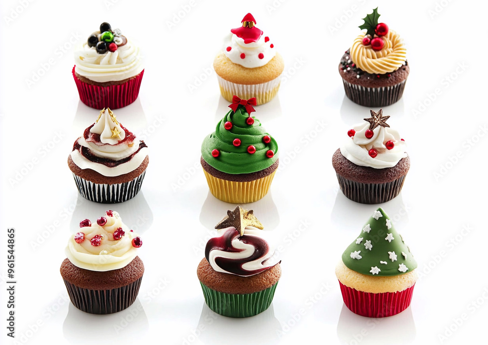 Assorted christmas and new year cupcakes with various cream and colorful decorations on white background.Macro.AI Generative. Assorted christmas and new year cupcakes with various cream and colorful decorations on white background.Macro.AI Generative.