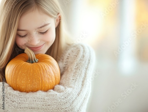 A young woman smiles warmly while hugging a vibrant orange pumpkin, embodying the essence of autumn and cozy vibes.