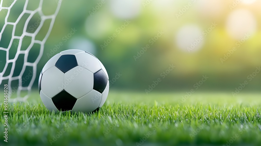 Fototapeta premium Soccer ball in goal. Goal net. Soccer border on green football grass field.