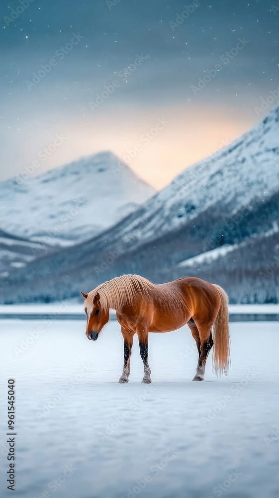 Stunning horse standing in a snowy field under the Northern Lights, with the magical aurora casting a colorful glow on its sleek coat. Stunning horse standing in a snowy field under the Northern Lights, with the magical aurora casting a colorful glow on its sleek coat.