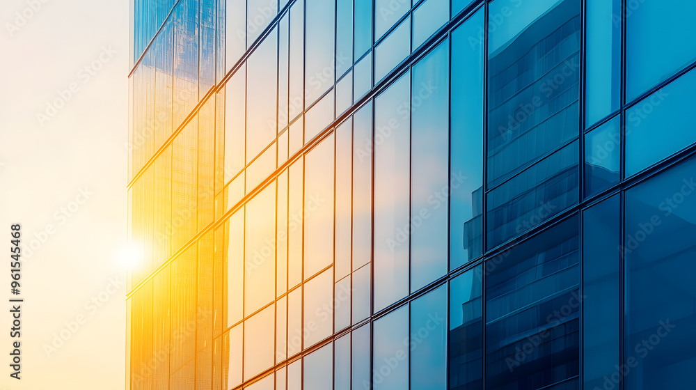 Close-up of a sleek modern skyscraper with reflective glass windows and warm sunlight creating contrast against blue tones Close-up of a sleek modern skyscraper with reflective glass windows and warm sunlight creating contrast against blue tones