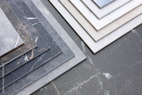 Samples of a ceramic tile. Colored samples of ceramic tiles for kitchen or bathroom interior material design of house © eliosdnepr