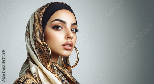 Wallpaper Mural Glamour beautiful middle eastern young woman wearing hijab and golden earings on grey background.AI Generative. Torontodigital.ca