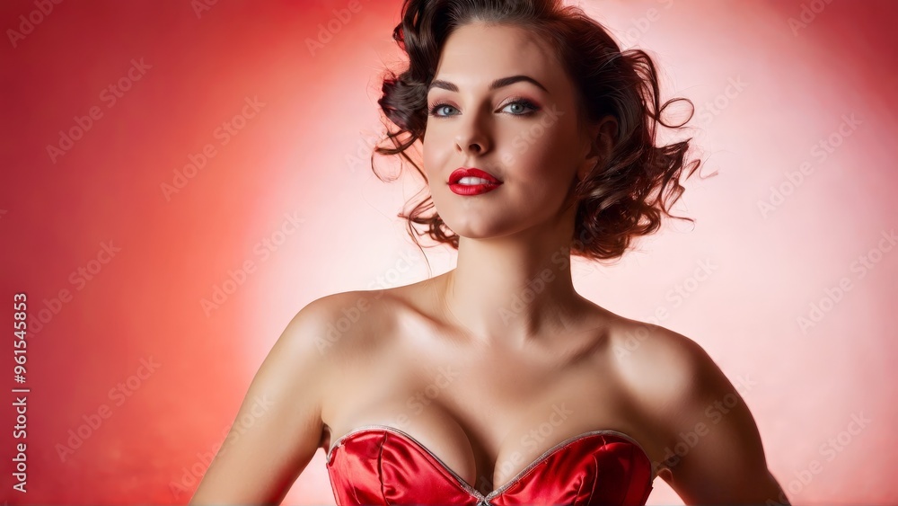 Woman red satin bustier playful and flirty pin up style pose bright and colorful backdrop Woman red satin bustier playful and flirty pin up style pose bright and colorful backdrop