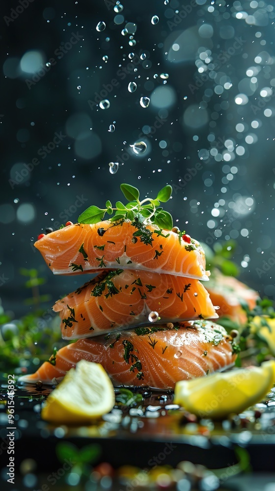 Naklejka premium Culinary Elegance: Salmon Fillet with Herbs and Lemon Slices in Cinematic Documentary Style
