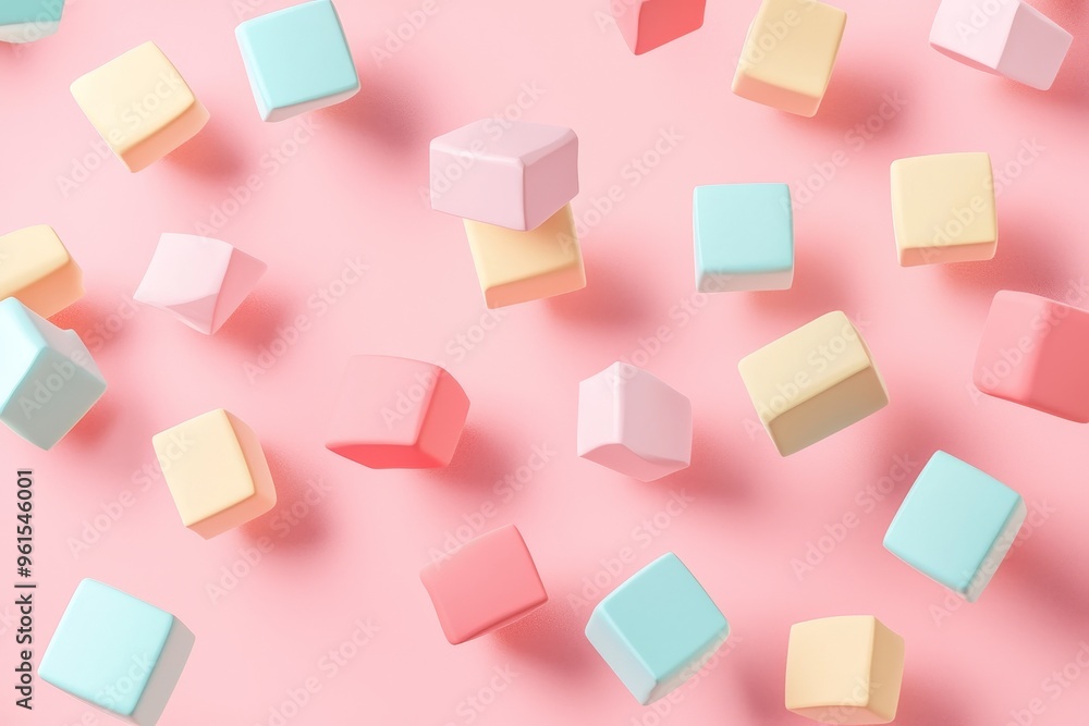 A three-dimensional render of pastel colored rings floating over a pink background A three-dimensional render of pastel colored rings floating over a pink background