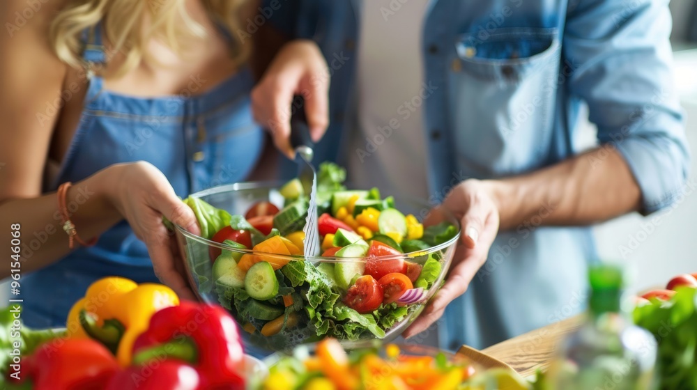 Healthy living with a couple preparing a colorful salad in their kitchen Healthy living with a couple preparing a colorful salad in their kitchen