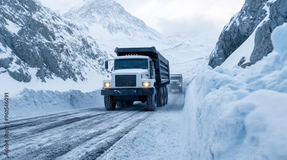 Remote mining operation in snowy mountains with heavy trucks and workers battling harsh conditions, cold atmosphere Remote mining operation in snowy mountains with heavy trucks and workers battling harsh conditions, cold atmosphere