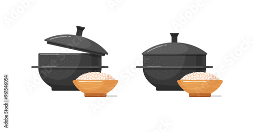 Gamasot and ceramic or wooden bowl with white rice. Black iron Korean pot for stew, kimchi cooking and boil hot soup and spicy sauce. Vector cartoon set