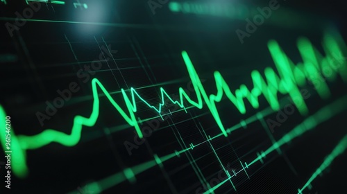 Close-up of a heart rate monitor displaying sharp green ECG waves on a black screen, indicating a healthy, steady heartbeat. Medical and healthcare setting.