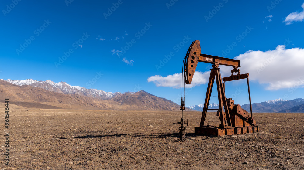 Rusted oil field equipment covered in dust with mountains visible in the background Rusted oil field equipment covered in dust with mountains visible in the background