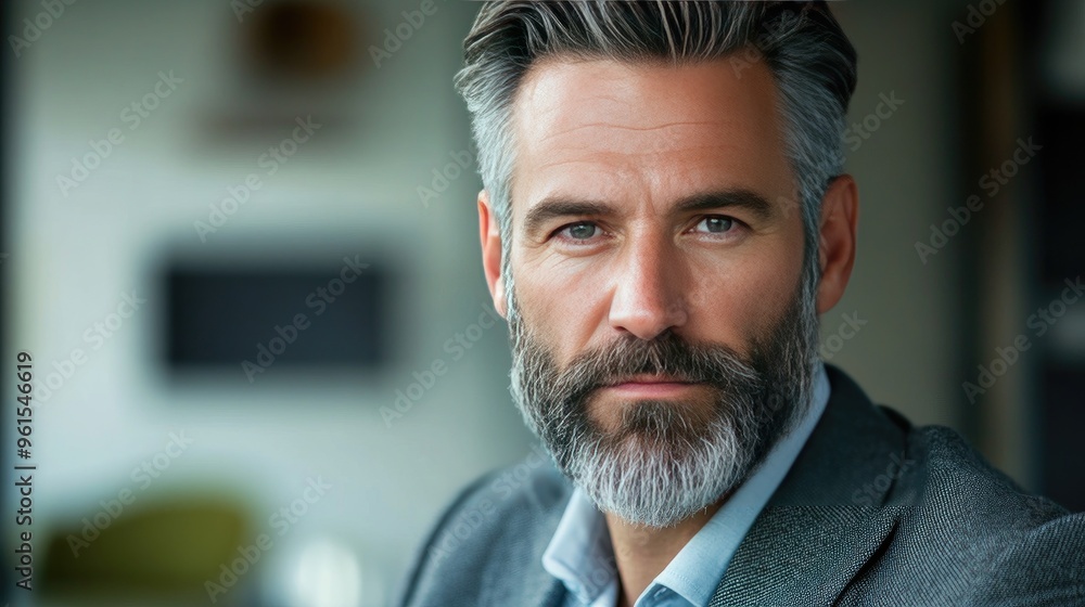 Close-up of a mature professional man with a beard, wearing a smart blazer, looking thoughtfully towards the camera in a clean office space. Close-up of a mature professional man with a beard, wearing a smart blazer, looking thoughtfully towards the camera in a clean office space.