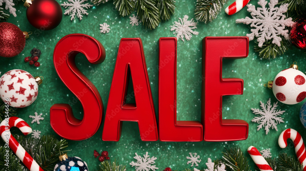 Sale in large bold red letters on a green background with candy canes, ornaments, and snowflake motifs Sale in large bold red letters on a green background with candy canes, ornaments, and snowflake motifs