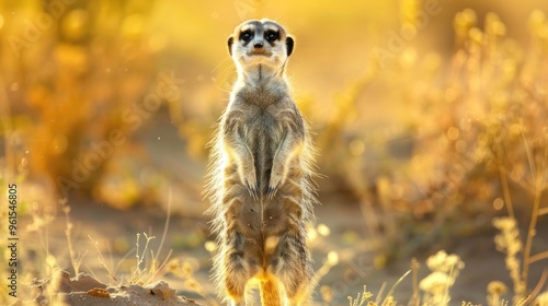 Funny animal poses, a meerkat standing on its hind legs, looking like it's on the lookout photo