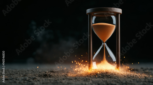 Shattered hourglass with radioactive sand spilling over symbolizing time running out against nuclear threats minimalist dark background  photo