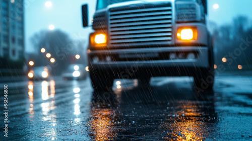 Shiny chrome truck grille reflecting city lights on a rainy night with empty space for text 