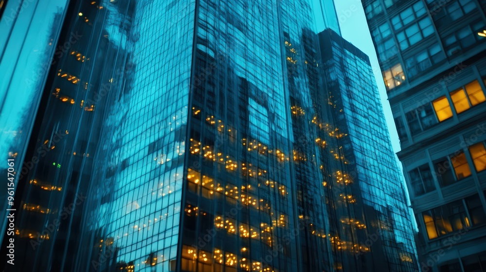 Modern skyscraper showcasing the cityscape reflection in the evening light Modern skyscraper showcasing the cityscape reflection in the evening light