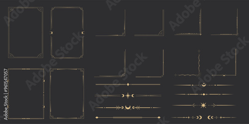 Collection Gold celestial minimal esoteric frames, corners, dividers thin line golden border, moon, stars corners. Set Geometric shape, tarrot isolated on dark background. Set Geometric shape, tarrot 