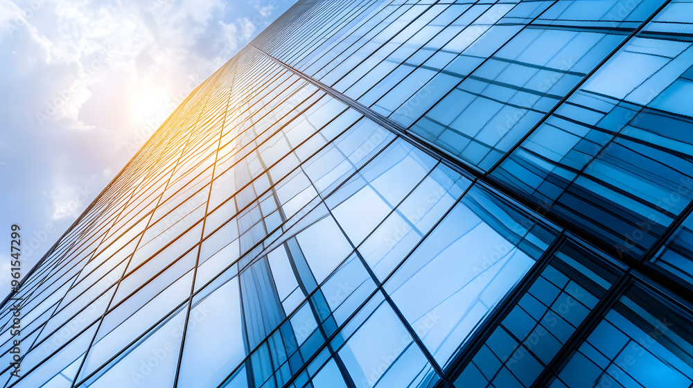 Obraz premium Close-up of a modern glass skyscraper with reflective windows and sunlight creating a warm glow on sleek architecture