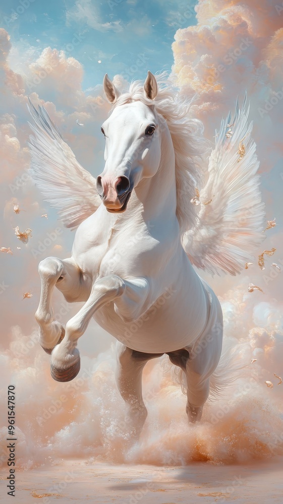 A horse with wings soaring through a rainbow-filled sky, adding a fantastical and graceful touch to its elegant presence. A horse with wings soaring through a rainbow-filled sky, adding a fantastical and graceful touch to its elegant presence.