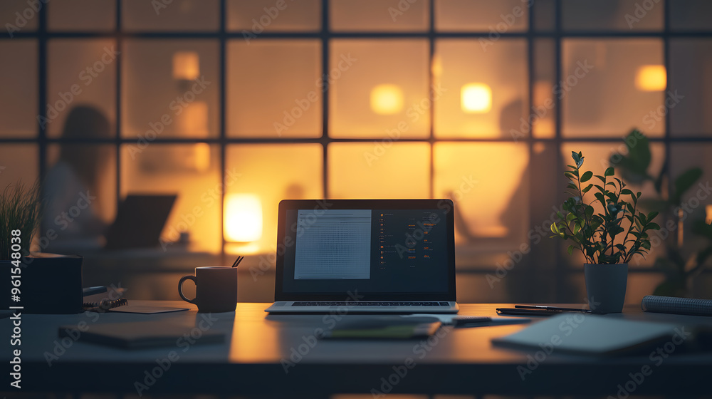 Modern office desk setup with laptop, notebooks, and warm lighting, surrounded by work essentials and a blurred background Modern office desk setup with laptop, notebooks, and warm lighting, surrounded by work essentials and a blurred background