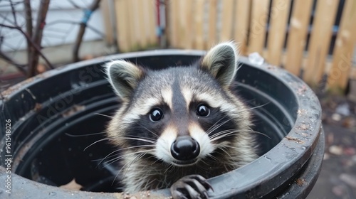 Cute animal selfies, a raccoon peeking out of a trash can with a curious look