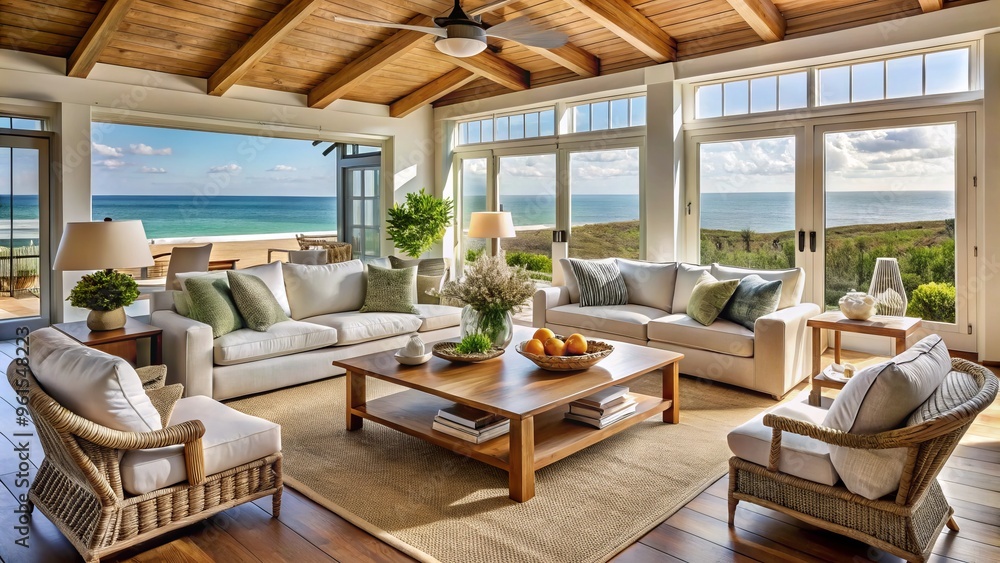 Softly glowing lamps and plush fabrics create a cozy beach house ambiance, while natural textiles and driftwood accents evoke a sense of relaxation and tranquility. Softly glowing lamps and plush fabrics create a cozy beach house ambiance, while natural textiles and driftwood accents evoke a sense of relaxation and tranquility.