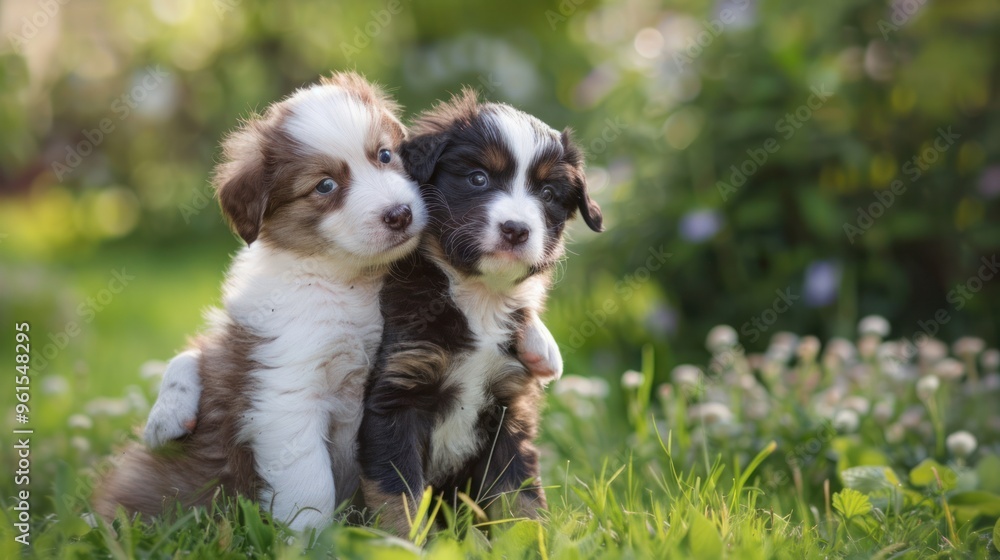 Cute animal moments, puppies playing together in a garden Cute animal moments, puppies playing together in a garden