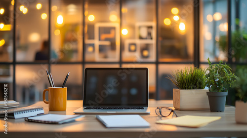 Wallpaper Mural Cozy modern office desk with laptop and work essentials, creating a warm, inviting, and productive workspace atmosphere Torontodigital.ca