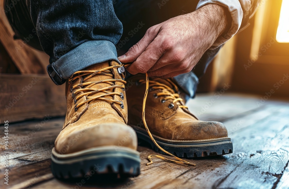 A carpenter in blue jeans ties the shoelaces of yellow work boots on a wooden floor. A carpenter in blue jeans ties the shoelaces of yellow work boots on a wooden floor.