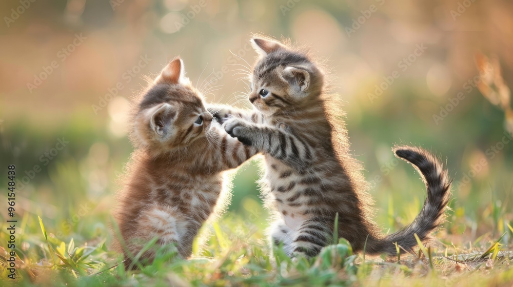 Obraz premium Cute animal moments, kittens playfully wrestling with each other