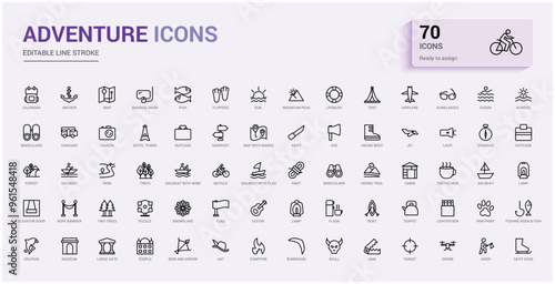 Adventure icon collection. Campfire, climbing, travel and canoeing icons. Outline icon collection, line icon set for web and ui. Editable stroke. Vector illustration with icon names