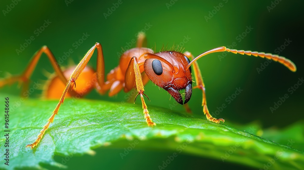 Close-up of a single ant on a leaf, with its tiny features and antennae clearly visible against the green background Close-up of a single ant on a leaf, with its tiny features and antennae clearly visible against the green background