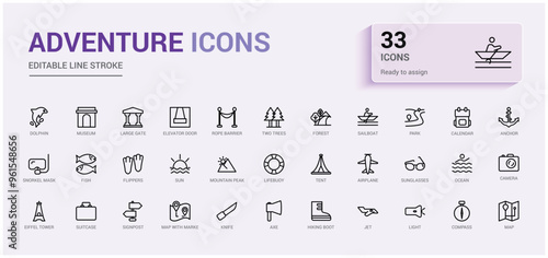 Adventure icon collection. Campfire, climbing, travel and canoeing icons. Outline icon collection, line icon set for web and ui. Editable stroke. Vector illustration with icon names