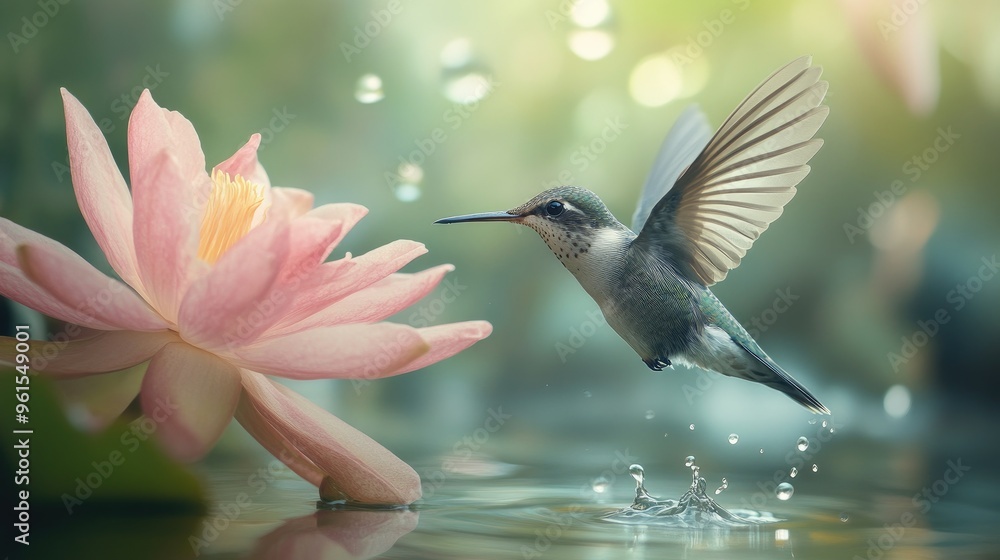Fototapeta premium Close-up of a small bird with delicate feathers, flying just above a flower or water surface. The image captures the bird precise wing movements and elegance.