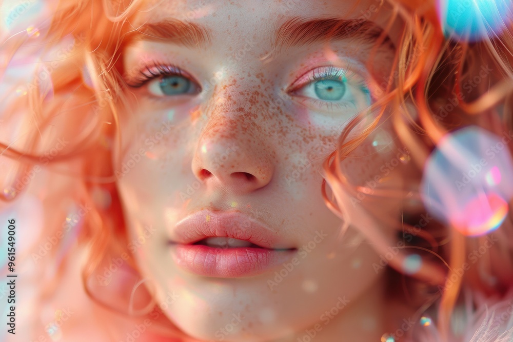 A captivating portrait of a girl with glowing curls and charming freckles A captivating portrait of a girl with glowing curls and charming freckles