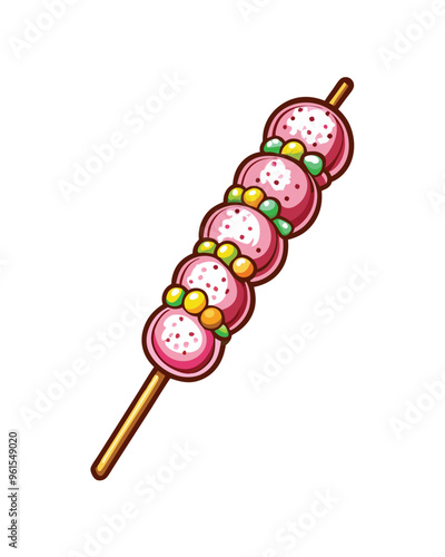 A vector illustration of five pink hanami dango on a stick. The dango are arranged in a line and have a white filling and yellow, orange, and green accents. The stick is brown. Editable stroke.