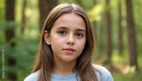 A portrait of a young girl with long hair standing outdoors against a lush green background, looking directly at the camera.