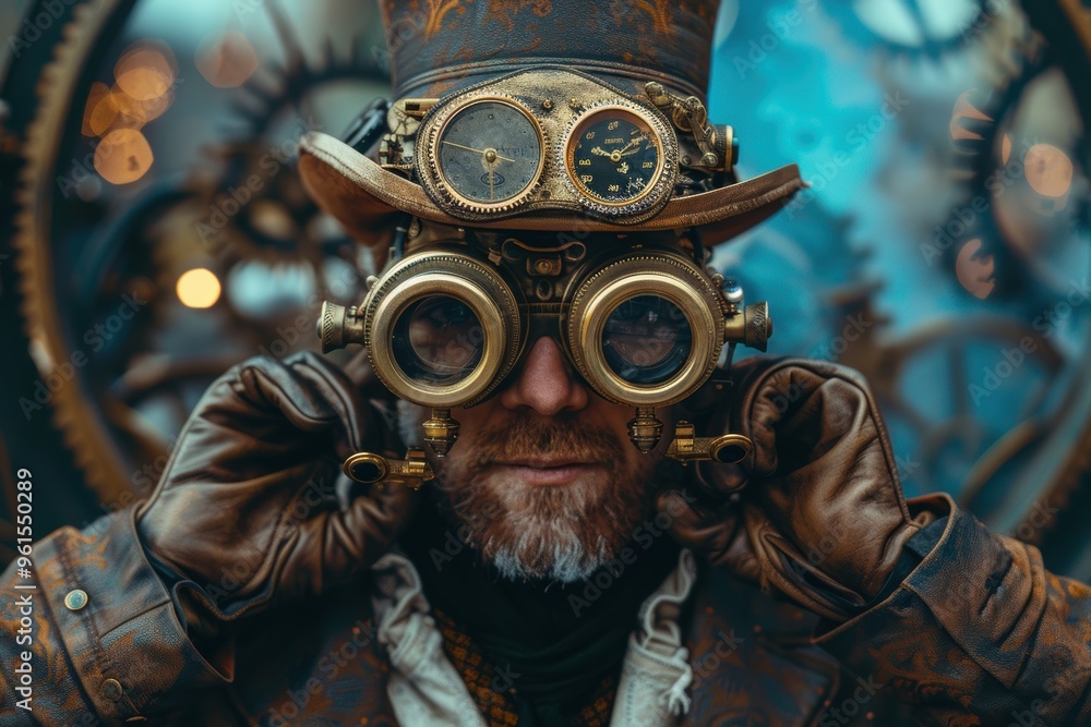 Obraz premium A brass-clad inventor adjusting his steampunk goggles in a workshop filled with gears