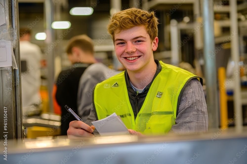 Down syndrome young man working in an industrial factory, social integration concept. Down syndrome young man working in an industrial factory, social integration concept.